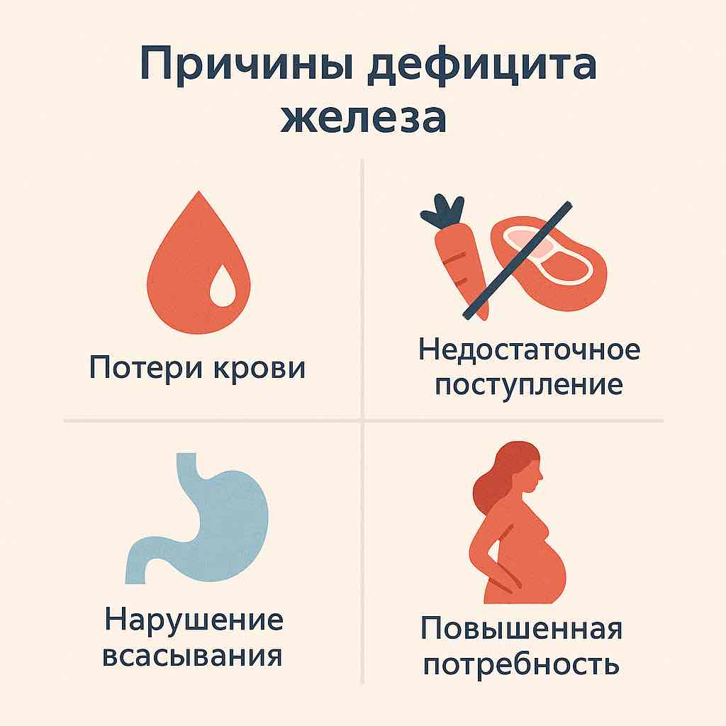 Инфографика: основные причины дефицита железа — кровопотери, недостаточное поступление, нарушение всасывания, повышенная потребность
